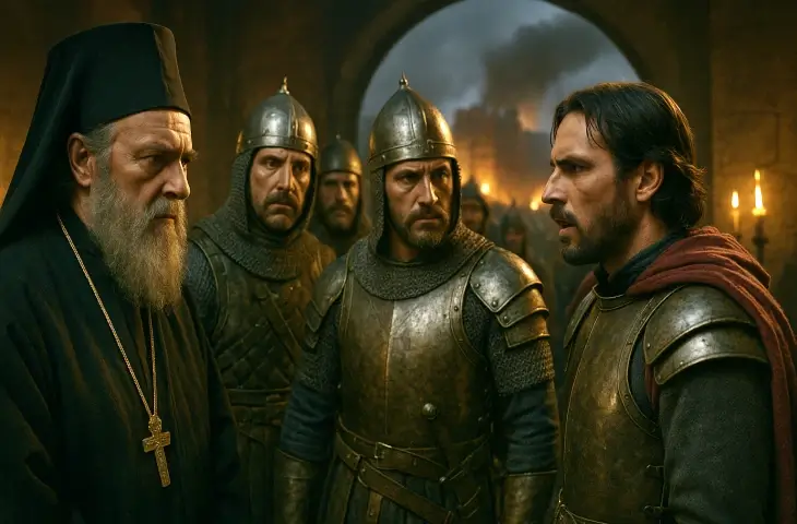 Kuşatma sırasında Bizanslı komutanlar ile Latin askerleri arasında geçen, gergin yüz ifadelerinin öne çıktığı tartışmalı sahne; arkada alevler ve karanlık şehir atmosferi.